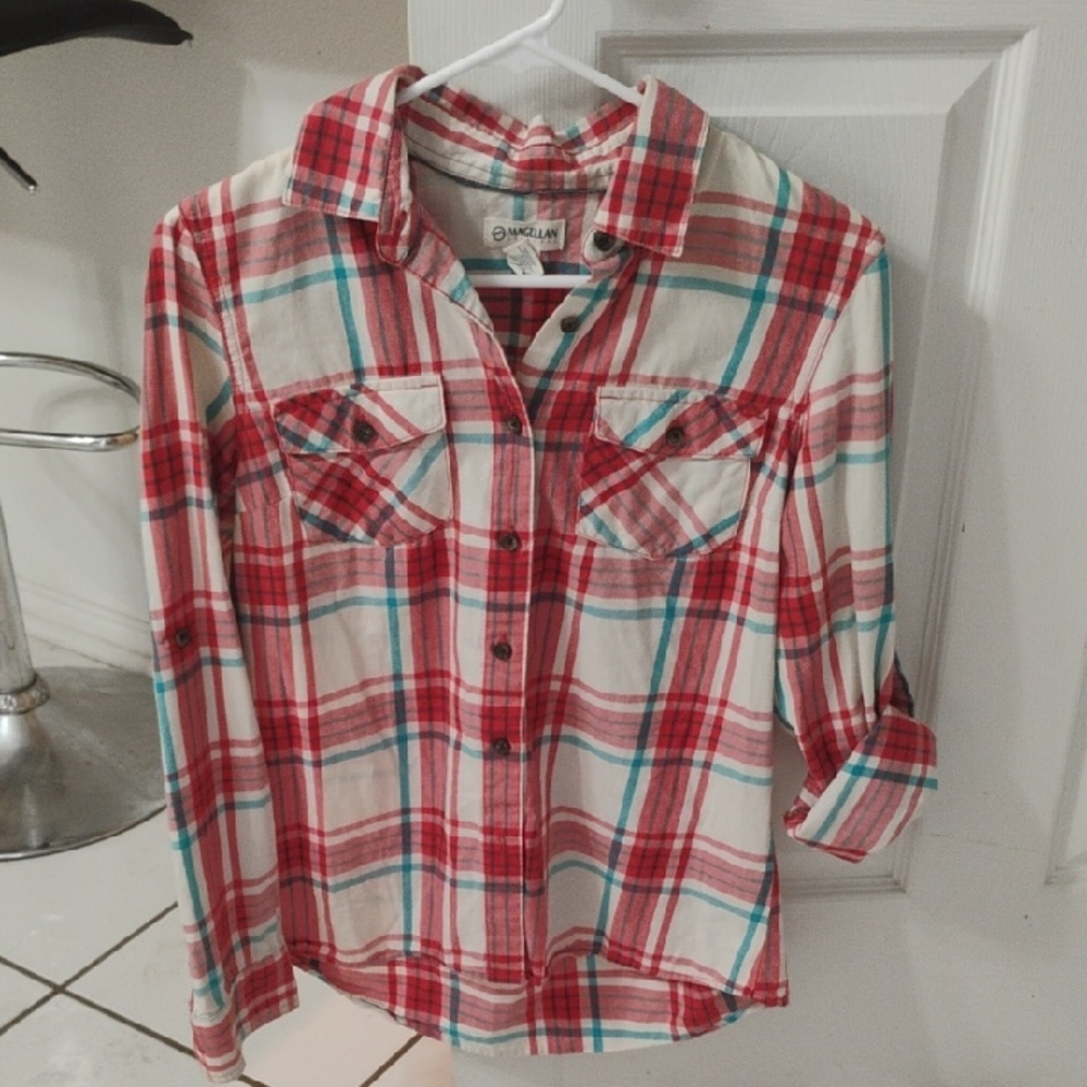 Magellan Outdoors Red and White Plaid Shirt with Teal Accents